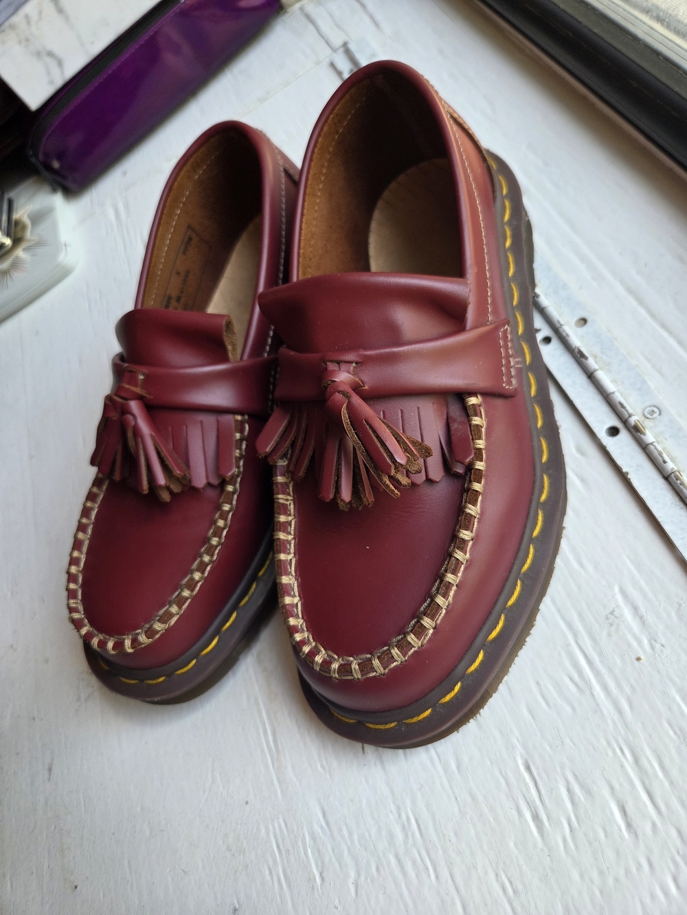 Dr. Martens Vintage ADRIAN Burgundy Tassel Penny Loafers with Contrast Stitching